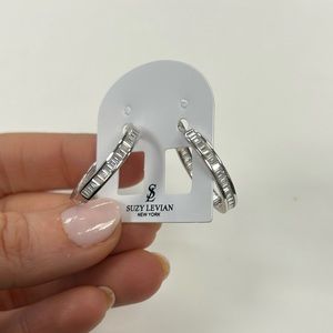 Suzy Levian Sterling Silver White Baguette CZ Hoop Earrings Sample